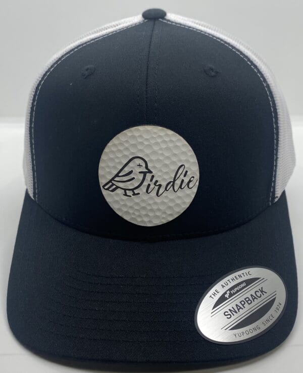 A black and white hat with the word birdie on it.