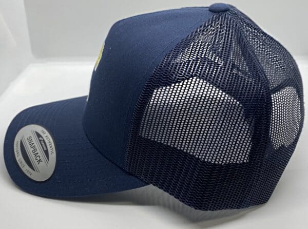 A blue hat with a white and black logo on it