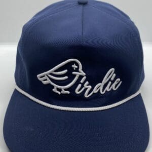 A blue hat with the word birdie written on it.