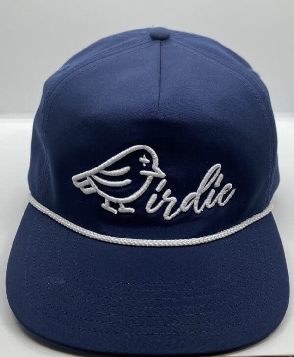 A blue hat with the word birdie written on it.