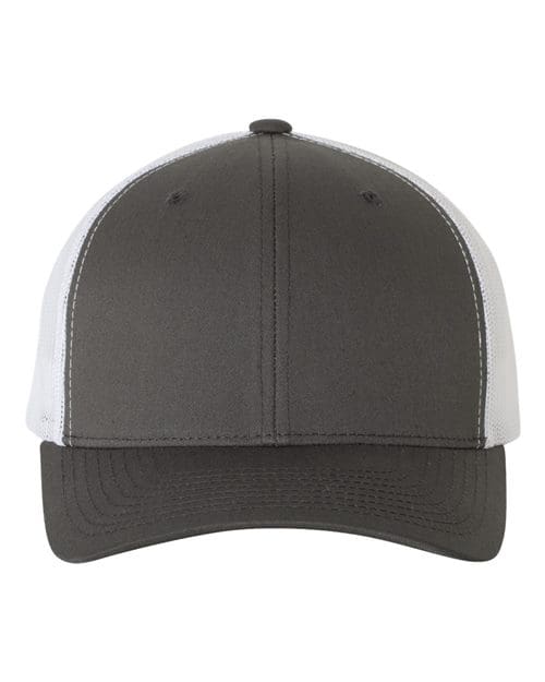 A gray and white hat is shown from the front.