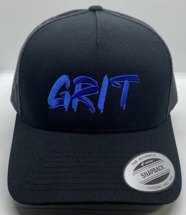 A black hat with the word grit written on it.