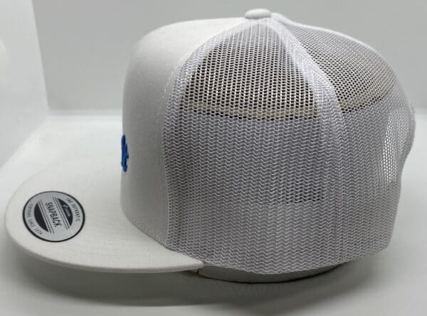 A white hat with a blue logo on it.