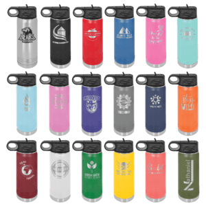 Colorful water bottles with various designs.