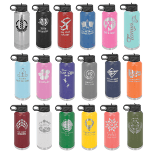 Colorful water bottles with various logos displayed.