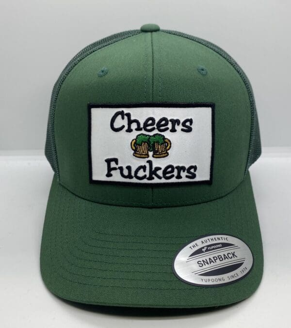 Green snapback hat with humorous text.