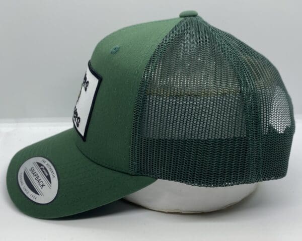 Green snapback hat with mesh backing.