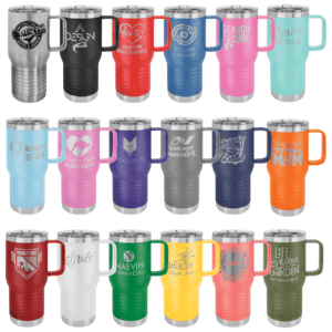 Colorful mugs featuring various custom designs.