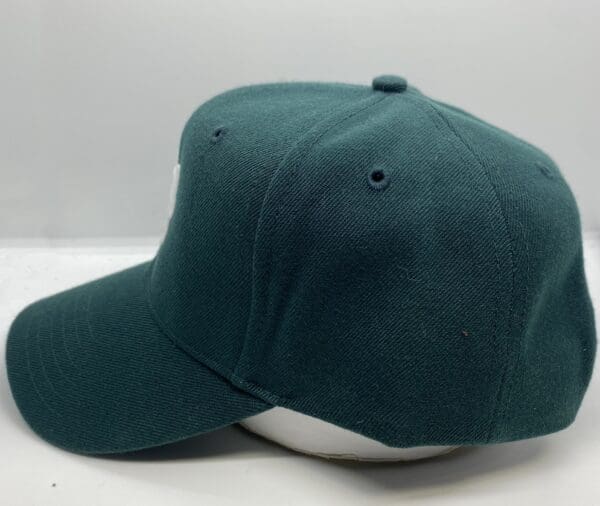 Green baseball cap viewed from the side.