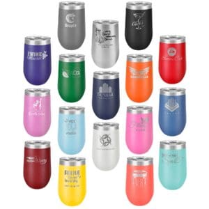 Colorful beverage tumblers with various logos.