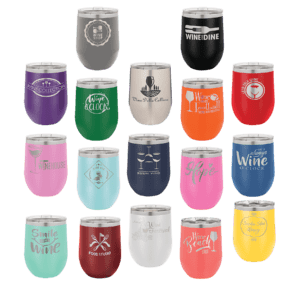 Colorful wine tumblers with various designs.