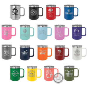 Assorted colorful mugs with various logos.