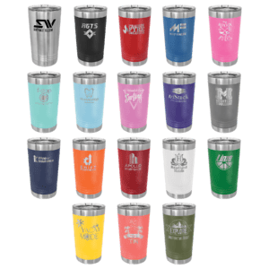 Assorted branded tumblers in various colors.