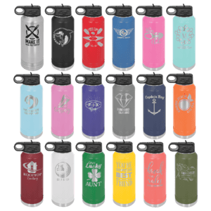Variety of colorful water bottles with logos.