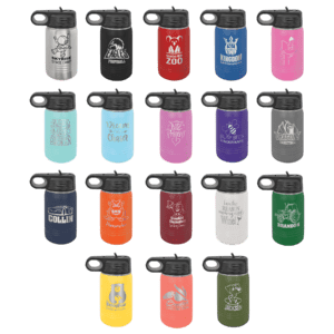 Colorful personalized water bottles displayed in grid.