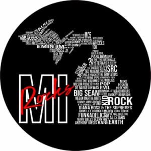Michigan music word cloud with red Ron's